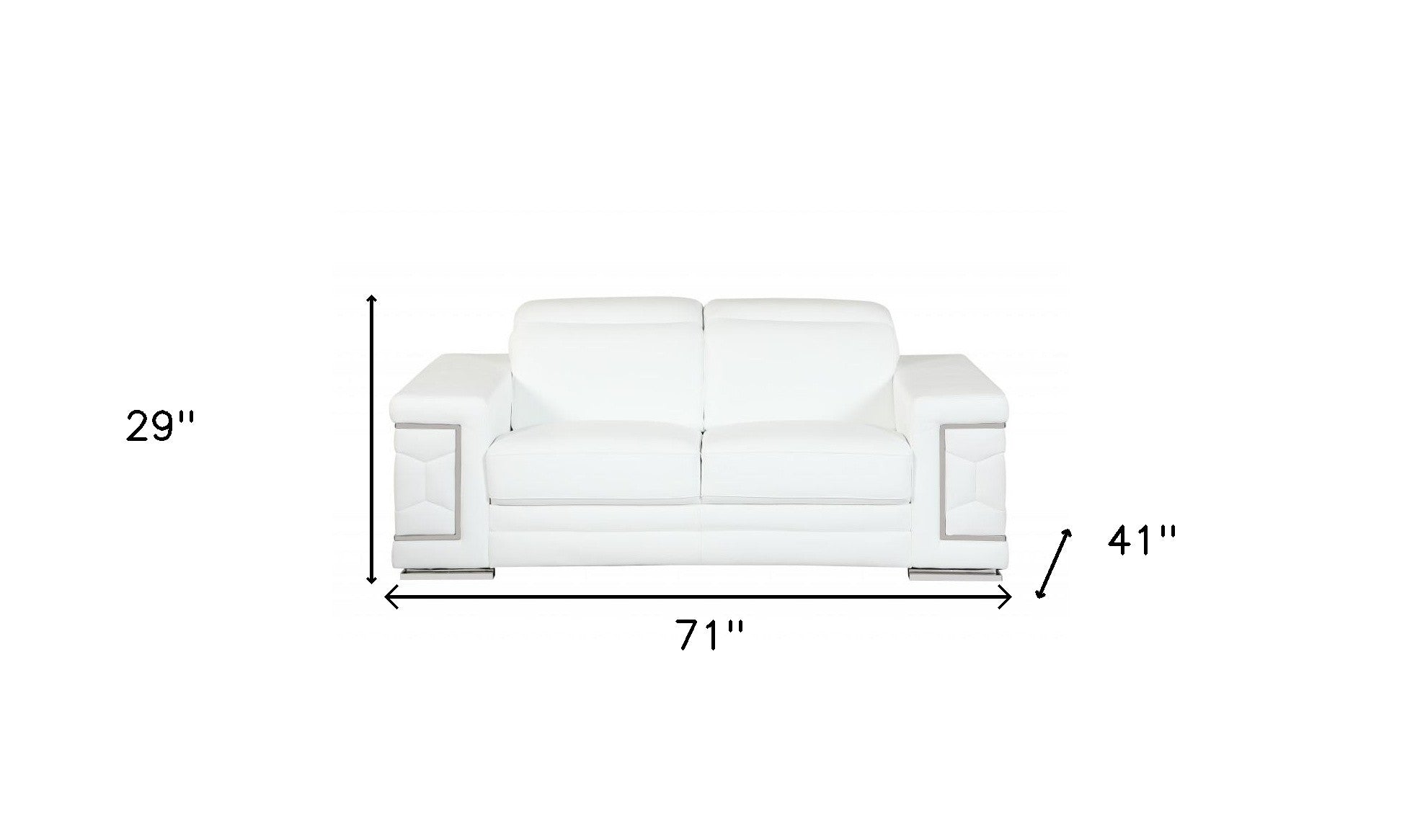 71" Modern White Italian Leather Sofa with Silver Legs