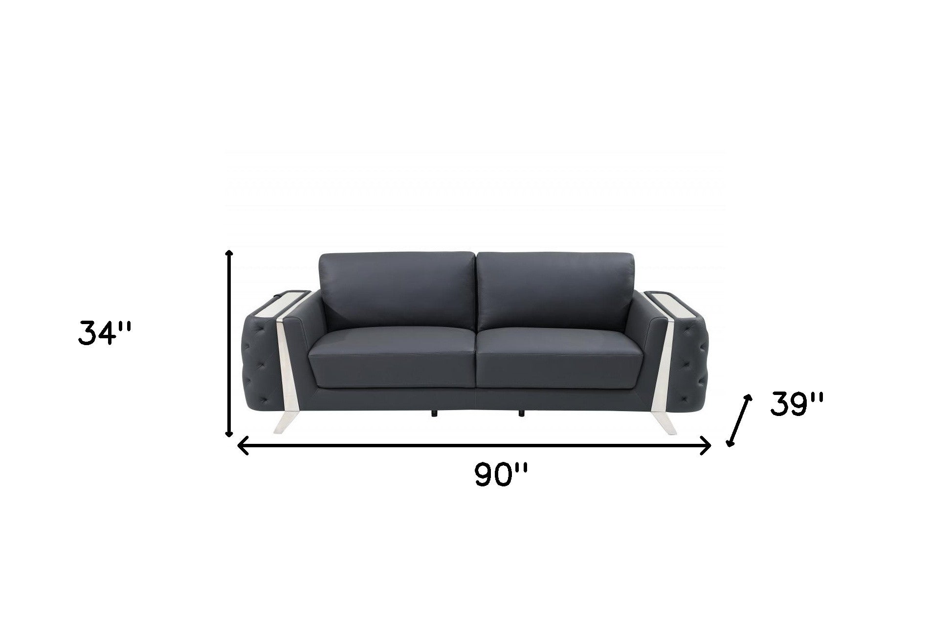 90" Contemporary Gray Italian Full Grain Leather Sofa with Silver Legs