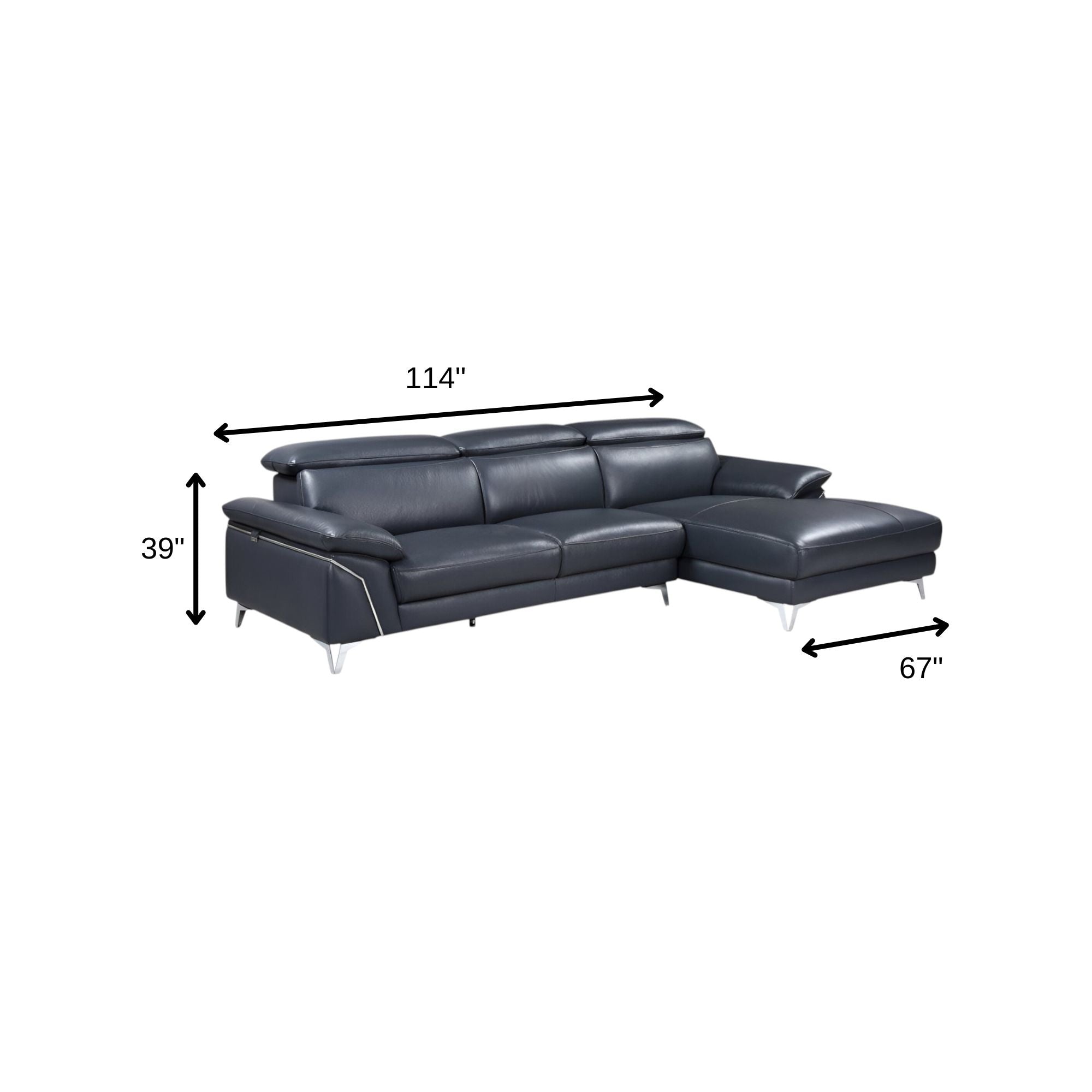 114" Modern Navy Blue Genuine Italian Leather L-Shaped 2-Piece Sectional